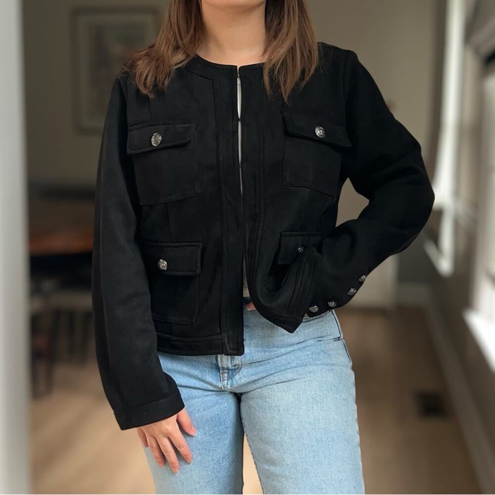 Carmen Marc Valvo Black Faux Suede Utility Jacket Large - Picture 5 of 9